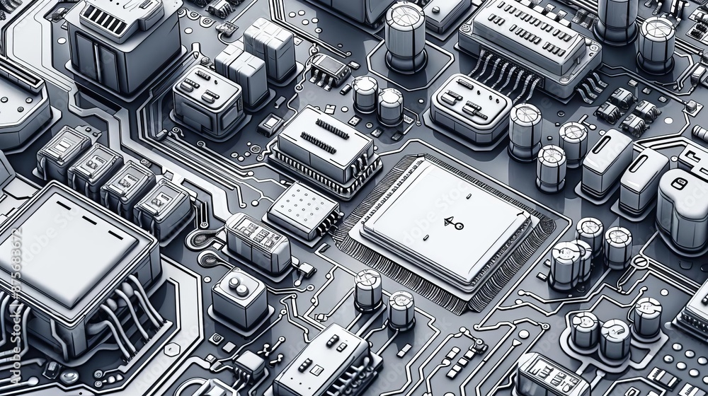 Poster detailed close-up of a computer motherboard showcasing various electronic components and intricate c