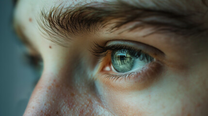 A close-up of a Deaf person's face as they focus intently on signing with copy space