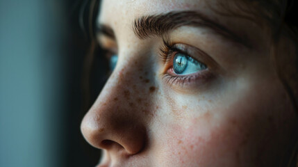 A close-up of a Deaf person's face as they focus intently on signing with copy space