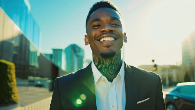 Businessman walking street smiling happy upbeat
