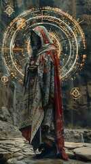Mystical figure in ornate robes standing before a glowing, magical symbol in an ancient, mystical cave setting.