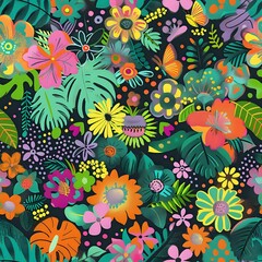 Large 6-Petal Flower and Leaf Seamless Pattern