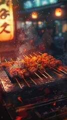 Delicious grilled chicken Japanese food illustration in anime style. Vibrant and colorful depiction of traditional Japanese cuisine with grilled chicken, perfect for food lovers and anime enthusiasts