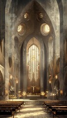 Fototapeta premium Stunning interior of a grand cathedral with Gothic architecture. Sunlight streams through intricate stained glass windows, creating a serene atmosphere.