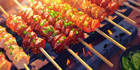 Delicious grilled chicken Japanese food illustration in anime style. Vibrant and colorful depiction of traditional Japanese cuisine with grilled chicken, perfect for food lovers and anime enthusiasts