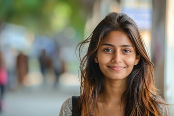 A young Indian businesswoman smiles outdoors, embracing the joy brought by urban life and student lifestyle, urban elegance with a touch of urban living, business concept.