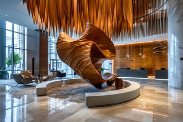 Modern Hotel Lobby with Intricate Wooden Sculpture