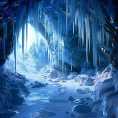 Obraz premium A frozen cave interior with long icicles and pristine snow