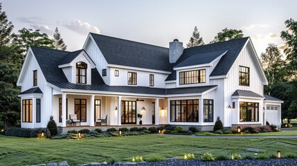 Obraz premium Elegant house with white siding and black roof against a clear sky