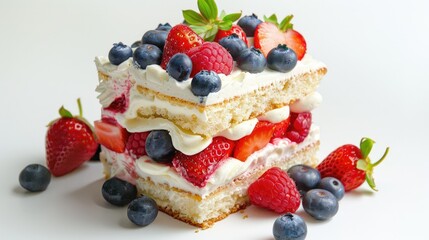 Tasty vanilla cake bar with white chocolate, fresh strawberries, raspberries, blueberries on whipped cream