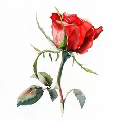 A watercolor painting of a single red rose isolated on a white background