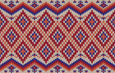 Knitted pattern seamless fabric red-blue color tone. traditional knitted pattern vector ethnic style. Designed for background ,wallpaper ,carpet ,clothing ,knitted pattern ,fabric ,pixel art ,textile