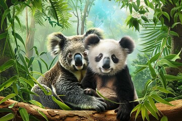 Obraz premium Koala and Panda Friends in a Lush Jungle