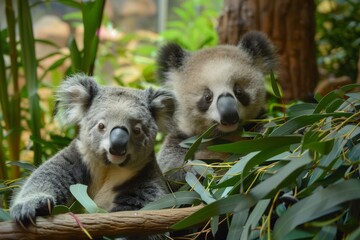 Obraz premium Koala and Panda Cubs Share a Moment in Lush Greenery
