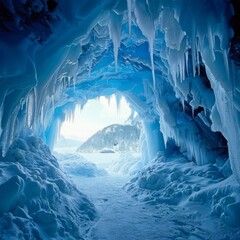 A stunning frozen glacier cave with sharp icicles and snow