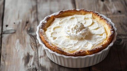 Vanilla cake topped with white milk cream in a ceramic dish on a wooden floor