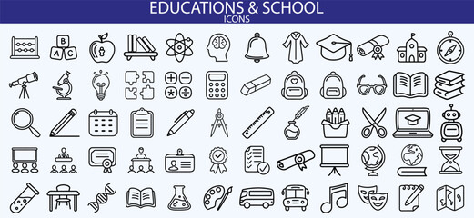 Education and school line icon collection. Vector illustration. Containing knowledge, college, task list, design, training, idea, teacher, file, graduation hat, institute, ruler, telescope.