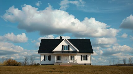 Obraz premium White house with black roof and a sky full of fluffy clouds