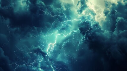 Electrifying Power: Thunder and Lightning Strike with Intense Energy in Stormy Clouds