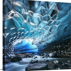 Fototapeta premium Enchanting glacier cave with dramatic ice sculptures and a blue glow