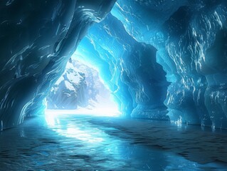 Enchanting glacier cave with dramatic ice sculptures and a blue glow