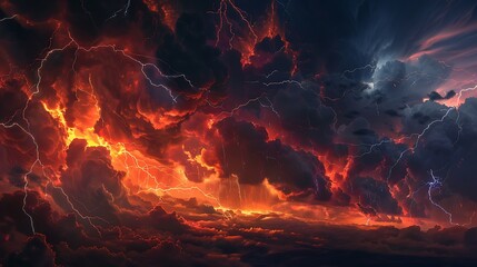 Electrifying Storm: Lightning Rays and Powerful Thunderstorm in Dark Sky