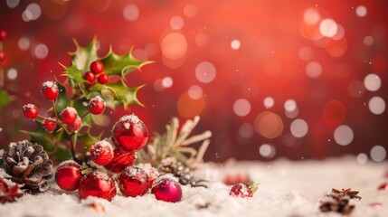 Obraz premium A red Christmas background with Christmas trees and balloons, with a place for text.