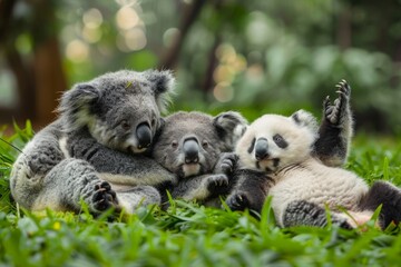Obraz premium Adorable Koalas and Panda Cub Playing Together