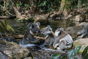 Obraz premium Three Koalas Playing in a Creek