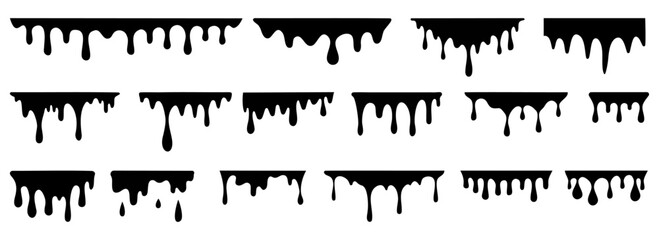 Obraz premium Black melting paint. Dripping splatter and dribble brush strokes with stain and leak, dirty fluid brush icons. Vector isolated set. Different borders with flowing ink, sticky liquid design