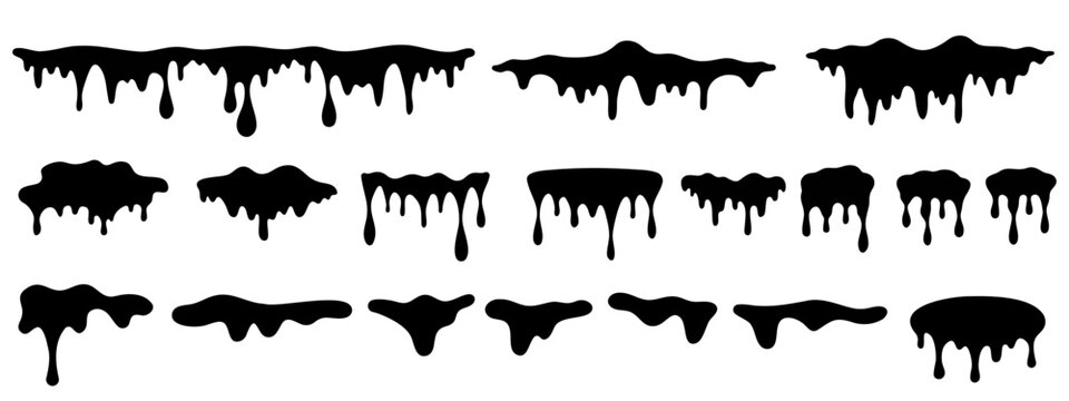 Black melting paint. Dripping splatter and dribble brush strokes with stain and leak, dirty fluid brush icons. Vector isolated set. Different borders with flowing ink, sticky liquid design