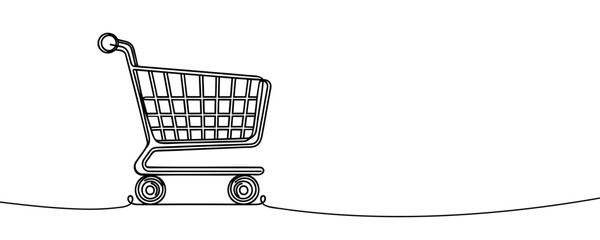 One continuous line drawing of shopping cart. Online shop purchase and supermarket symbol in simple linear style. Retail concept. Doodle vector illustration. © Vasyl Yurlov