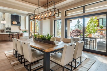 Modern Dining Room with Large Windows and Wooden Table