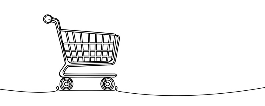 One continuous line drawing of shopping cart. Online shop purchase and supermarket symbol in simple linear style. Retail concept. Doodle vector illustration.