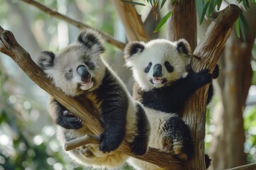 Obraz premium Koala and Panda Cubs on a Tree Branch