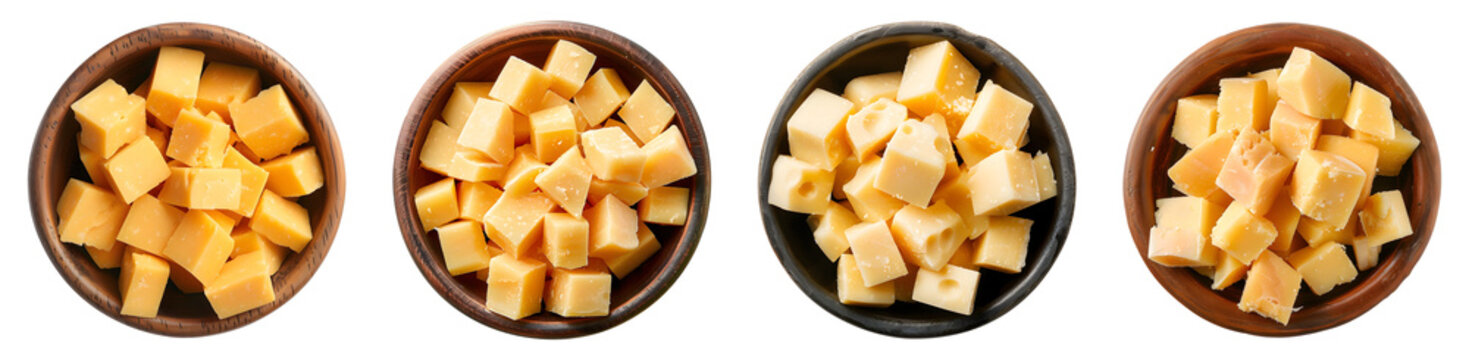 Bowl with tasty cheese cubes, PNG set