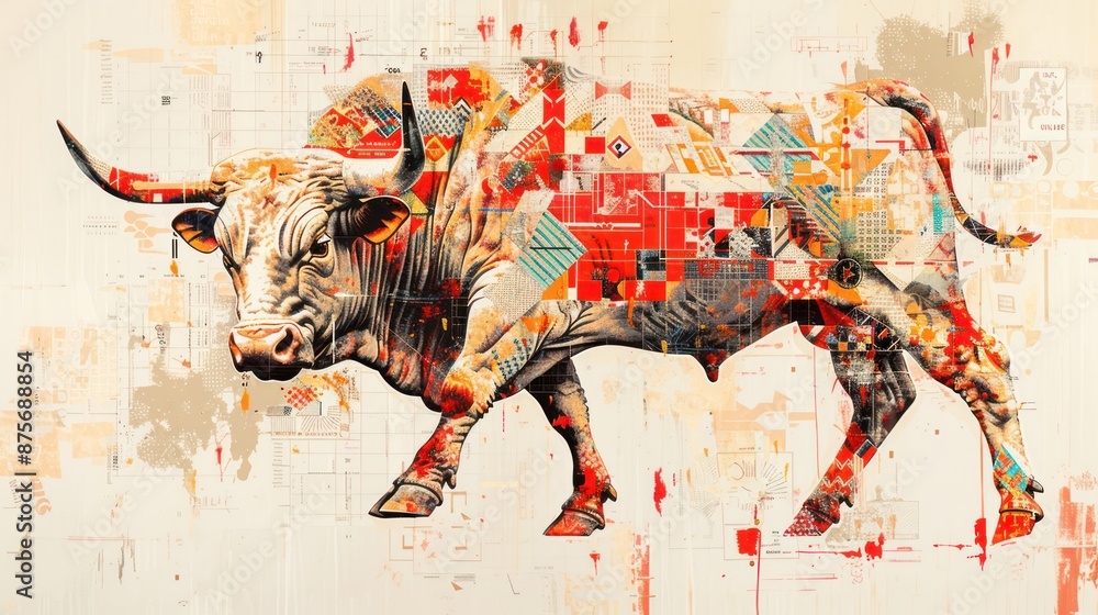 Poster bull market abstraction: geometric financial patterns in dynamic chaos style with fragmented glass a