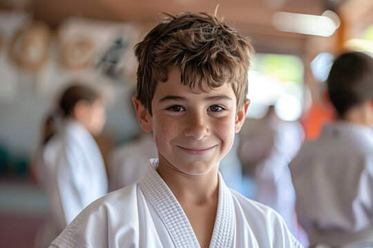 A young boy in a white karate uniform standing inside a dojo, smiling at the camera with other students training behind him