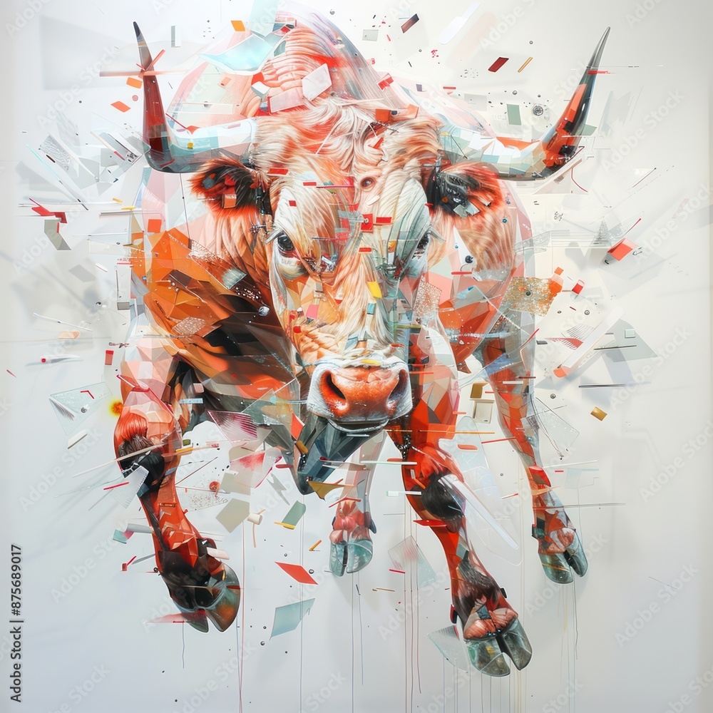 Poster dynamic abstract bull in geometric chaos with fragmented imagery and light red palette, generative a