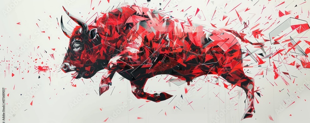 Poster dynamic bull in geometric chaos - abstract fragmented art with energetic pose in light red tones amo