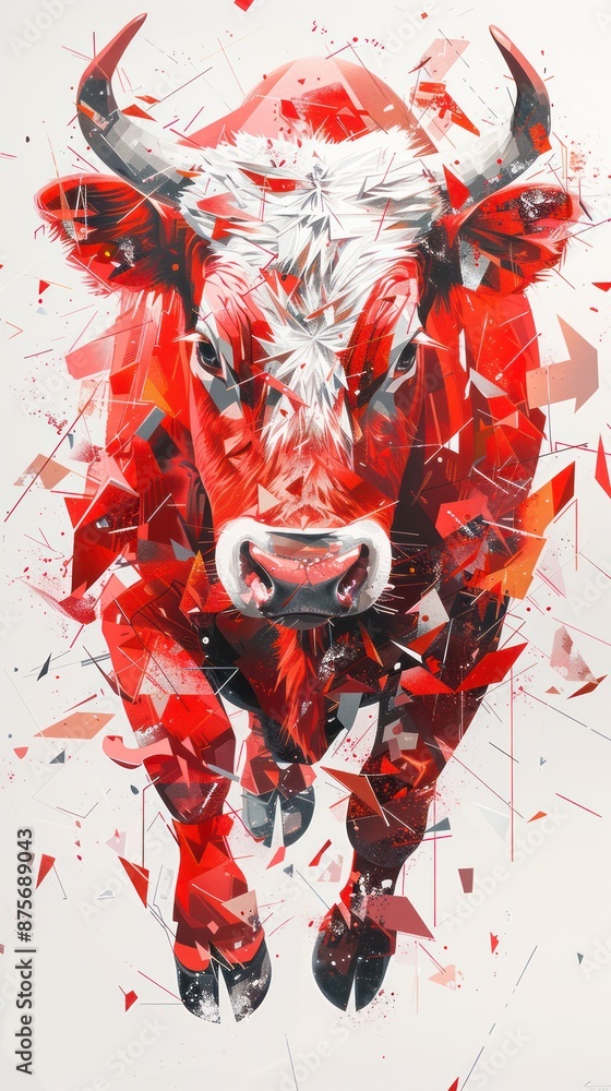 Poster fragmented chaos: dynamic bull in geometric design with light red colors and glass fragment art, gen