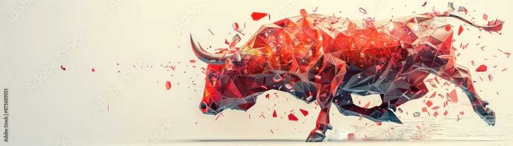 Poster abstract geometric bull in dynamic chaos with light red hues and glass fragments - energetic stance 