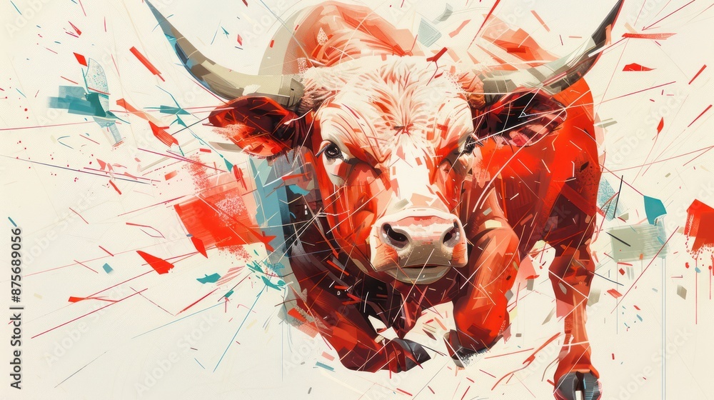 Poster abstract bull in geometric chaos with dynamic pose in light red tones and glass shard art - fragment