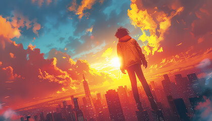 Wide-angle view, vibrant pop art style, biographical story of a young superhero in their city, bright bold colors, comic book elements, dynamic composition