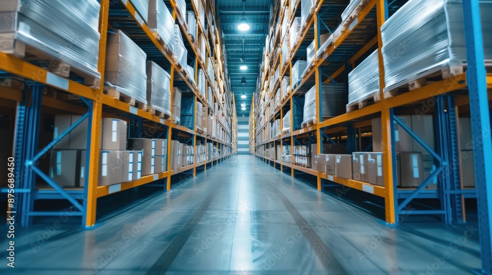 Poster a large warehouse with many pallets of boxes stacked on top of each other. the warehouse is empty an