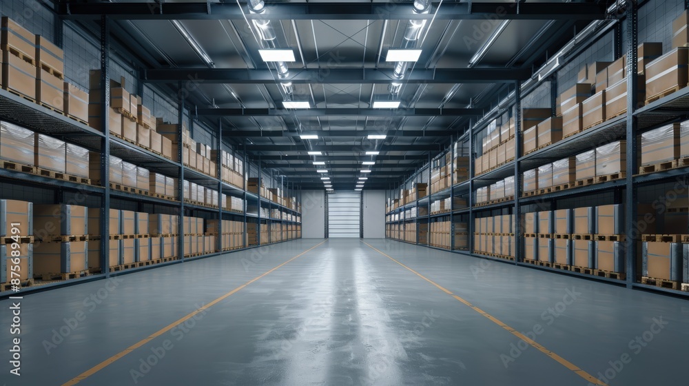Poster a large warehouse with many pallets of boxes stacked on top of each other. the warehouse is empty an