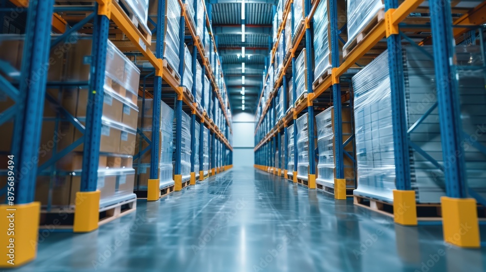 Poster a large warehouse with many pallets of boxes stacked on top of each other. the warehouse is empty an