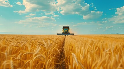 Fototapeta premium A tractor is driving through a field of wheat. The sky is blue and there are clouds in the background. The field is very large and the tractor is the only thing visible