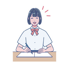 机で勉強するアニメ風の女子生徒