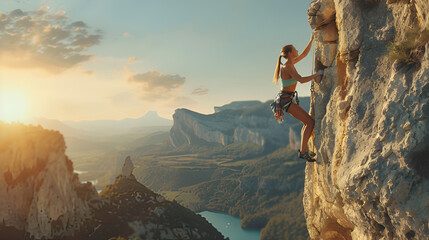 mujer chica escalando las rocas de una montaña cin un hermoso paisaje de fondo practicando escalada libre haciendo deporte extremo adrenalina y aventura